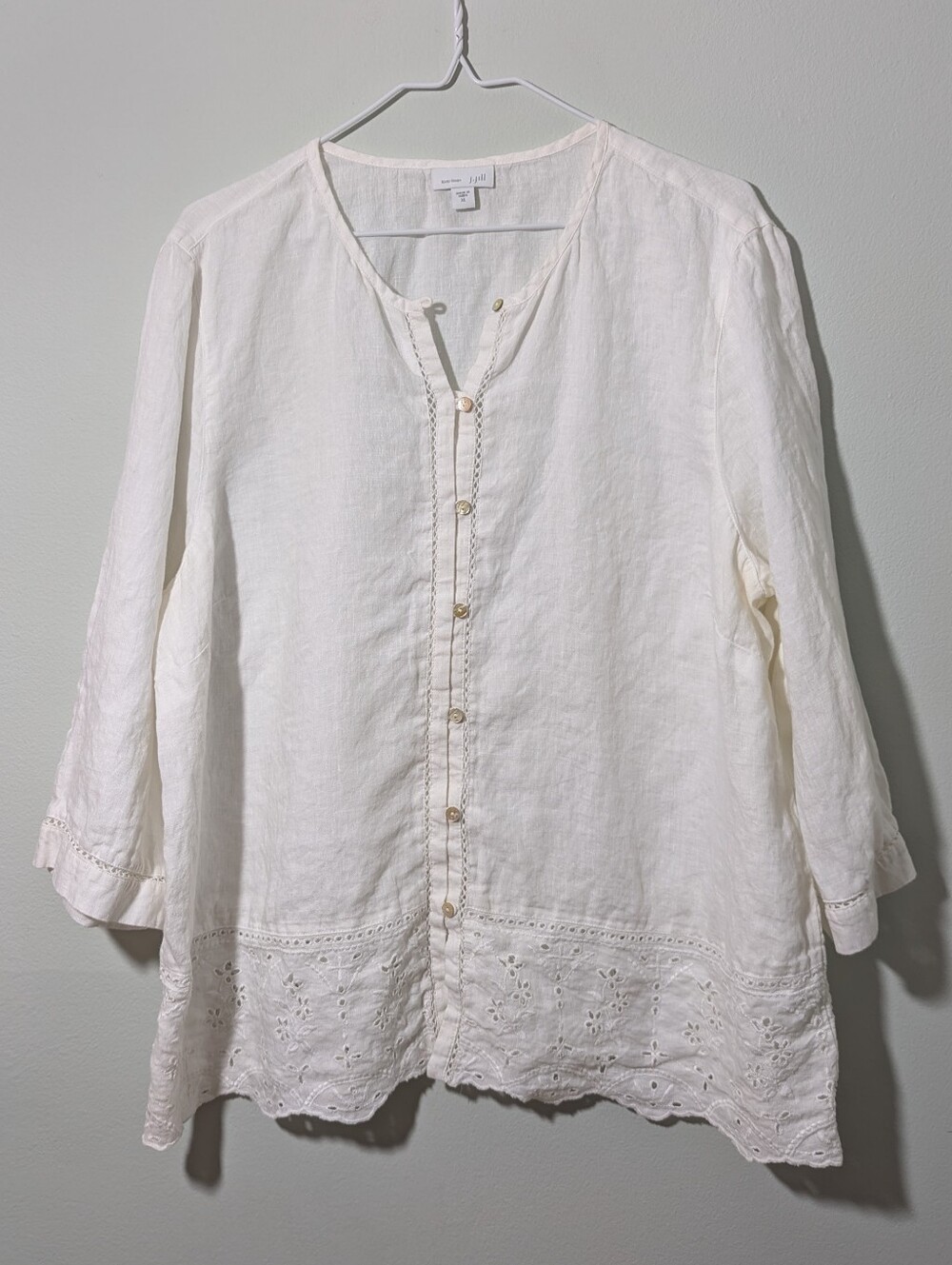 J.Jill Love Linen Women's XL White Eyelet Lace Trim Button Up Blouse 3/4 Sleeve